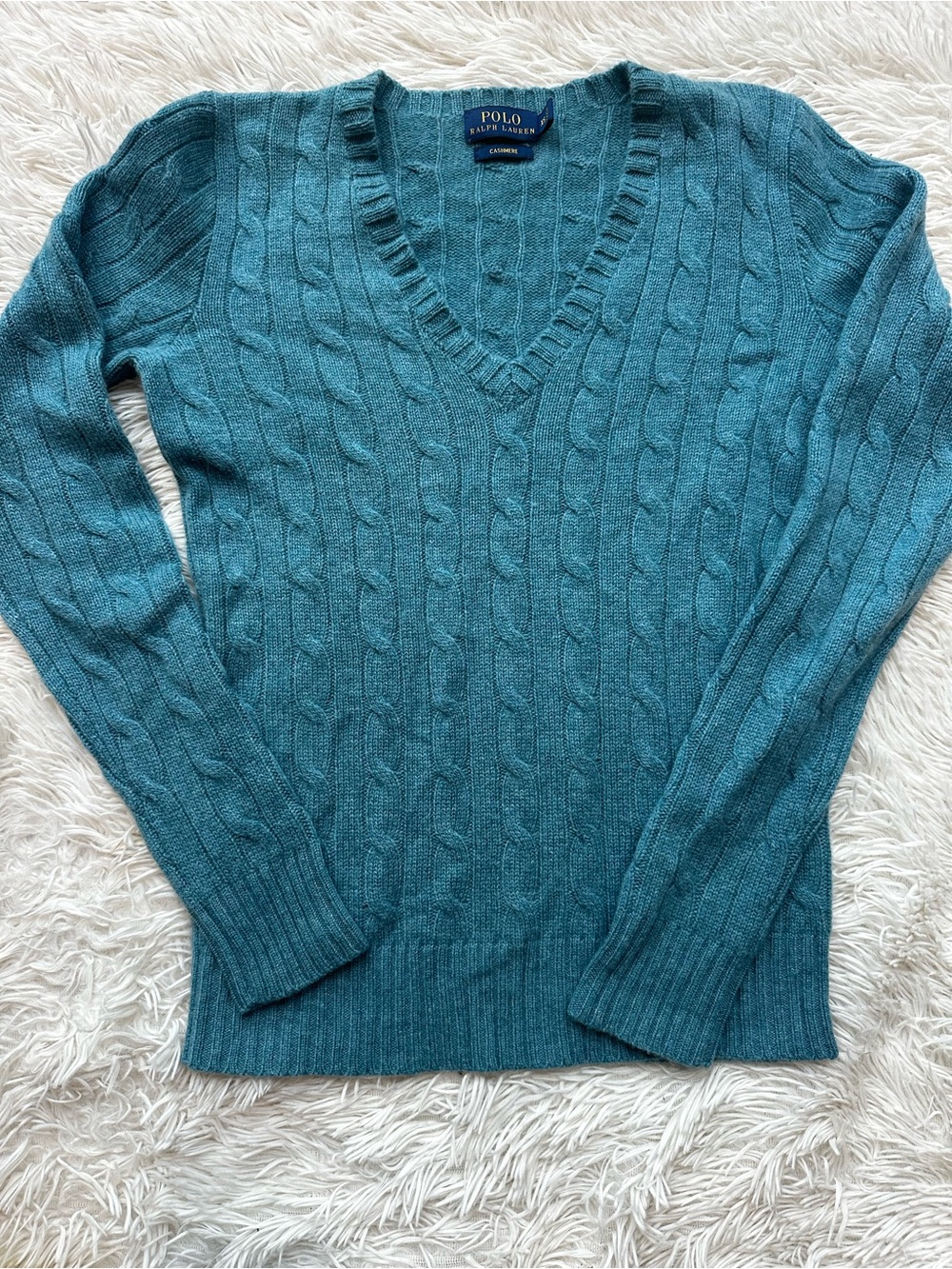 Polo by Ralph Lauren Teal Cable V-Neck 100% Cashmere Sweater